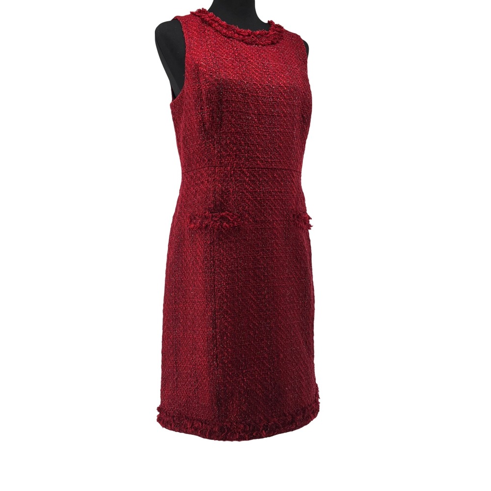 Lands End Womens Red Metallic Tweed Fringe Trim Sleeveless Sheath Dress Size 10